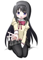 1girl akemi_homura between_legs black_hair black_hairband black_pantyhose black_skirt blush bow bowtie full_body hairband hand_between_legs highres looking_at_viewer mahou_shoujo_madoka_magica mahou_shoujo_madoka_magica_(anime) mitakihara_school_uniform no_shoes open_mouth pantyhose puffy_sleeves purple_eyes red_bow red_bowtie riuriumagi school_uniform seiza sitting skirt solo v white_background