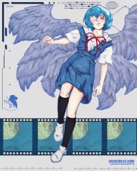 Rule 34 | absurdres, ayanami rei, blue hair, dress, eyepatch, grahim, highres, neon genesis evangelion, red eyes, school uniform, shoes, tokyo-3 middle school uniform, white shoes, wings