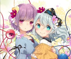 Rule 34 | 2girls, :o, alternate costume, black bow, black ribbon, black shirt, blue jacket, blush, bow, bright pupils, closed mouth, collarbone, commentary, dot nose, fingernails, floating hair, floral print, flower, from side, green eyes, hair between eyes, hair bow, hair flower, hair ornament, hand on another&#039;s back, heads together, hug, jacket, komeiji koishi, komeiji satori, light green hair, looking at viewer, looking to the side, medium hair, multiple girls, nail polish, no headwear, nose blush, open mouth, pink eyes, pink flower, pink nails, purple hair, red flower, ribbon, shirt, short hair, siblings, sisters, smile, stitches, swept bangs, third eye, touhou, toutenkou, upper body, white flower, white pupils, white shirt, yellow jacket