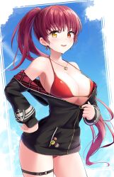 1girl adda bikini black_jacket breasts cleavage cowboy_shot earrings fang hand_on_own_hip heart heart_earrings heart_necklace heterochromia highres hololive houshou_marine houshou_marine_(summer) jacket jewelry large_breasts long_hair looking_at_viewer necklace no_headwear off_shoulder official_alternate_costume official_alternate_hairstyle ponytail red_bikini red_eyes red_hair solo strap_gap swimsuit thigh_strap unzipping very_long_hair virtual_youtuber yellow_eyes zipper_pull_tab