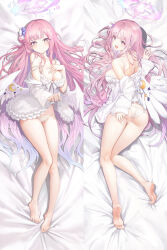 1girl absurdres angel_wings barefoot blank_censor blue_archive breasts camisole censored cleavage dakimakura_(medium) feet halo highres large_breasts long_hair looking_at_viewer looking_back low_wings mika_(blue_archive) on_bed panties pink_hair smile underwear very_long_hair white_panties wings yaomiaomiao yellow_eyes