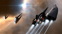3d amarr_empire_(eve_online) brown_background cloud combat_ship_(eve_online) commentary dust eve_online fleet flying frigate_(eve_online) glowing imperial_navy_(eve_online) imperial_navy_slicer_(eve_online) military_vehicle navy_faction_(eve_online) nebula no_humans original outdoors realistic salvo_(willem_van_biljon) science_fiction space spacecraft star_(sky) thrusters