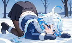 1girl ahoge black_footwear black_skirt blue_eyes blue_hair blue_jacket drop-shaped_pupils fur-trimmed_jacket fur_trim furina_(genshin_impact) genshin_impact gloves heterochromia jacket light_blue_hair long_hair multicolored_hair pantyhose prickly-chan_(ycactussprout) skirt snow solo streaked_hair symbol-shaped_pupils top-down_bottom-up winter