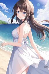 1girl beach blue_eyes blue_sky blush braid breasts brown_hair cloud commentary dress english_commentary highres horizon jewelry long_hair looking_at_viewer nicoli3141 ocean original ring shore signature single_braid sky smile solo sundress twitter_username wedding_ring white_dress