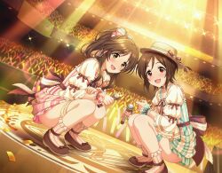 2girls brown_eyes brown_hair domyoji_karin highres idol_clothes idolmaster idolmaster_cinderella_girls looking_at_viewer multiple_girls panties panty_pull peeing peeing_together ponytail public_indecency puddle short_hair smile squatting takamori_aiko third-party_edit underwear