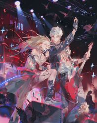 1boy 1girl belt bird black_belt black_gloves black_jacket blonde_hair boots closed_mouth crow denim endofthepage fishnet_gloves fishnet_leggings fishnets gloves guitar highres holding holding_guitar holding_instrument holding_microphone instrument jacket jeans jewelry leather leather_boots leather_gloves leather_jacket long_hair looking_at_another love_and_deepspace microphone necklace open_clothes open_mouth open_shirt pants protagonist_(love_and_deepspace) red_eyes red_skirt shirt short_hair skirt sylus_(love_and_deepspace) torn_clothes torn_pants white_hair white_shirt