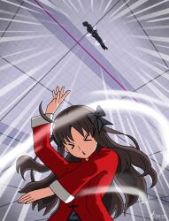 Rule 34 | &gt; &lt;, 1boy, 1girl, absurdres, ahoge, arima miyako, black bow, black hair, boton, bow, brother and sister, brown hair, dress, flying, green eyes, hair bow, highres, knife, long hair, melty blood, melty blood: type lumina, nanatsu-yoru, school uniform, short hair, siblings, souya high school uniform, spinning, step-siblings, tohno shiki, training stage, triangle mouth, tsukihime, tsukihime (remake), v-shaped eyebrows
