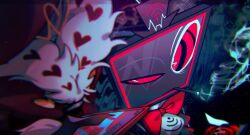 2boys ama0805 coat colored_skin demon_boy formal_clothes fur-trimmed_coat fur_trim hazbin_hotel heart heart-shaped_eyewear highres multiple_boys pink_coat purple_skin red_eyes smoke smoke_trail smoking suit valentino_(hazbin_hotel) vox_(hazbin_hotel)