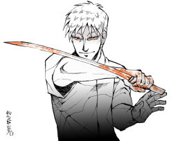 1boy akagi akagi:_yami_ni_oritatta_tensai akagi_shigeru collared_shirt fukumoto_mahjong katana male_focus monochrome shirt simple_background solo spot_color sword weapon white_background