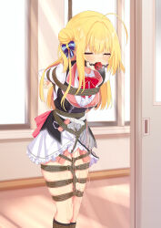 1girl absurdres ahoge arms_behind_back ball_gag bdsm between_legs between_thighs black_socks black_vest blonde_hair blue_bow blue_bowtie blush bondage bound bound_arms bound_legs bound_torso bow bowtie breasts clenched_hand closed_eyes clothes_lift commission crotch_rope door doorway drooling embarrassed female_focus frilled_skirt frills gag gagged hair_between_eyes hair_bow hair_bun hair_ornament hair_ribbon hallway hamidashi_creative hamuta_(machosbrown) highres indoors izumi_hiyori knee_socks kneehighs layered_clothes layered_skirt legs legs_together long_hair medium_breasts open_mouth panties red_bow red_bowtie ribbon saliva saliva_trail school_uniform sex_toy shibari shibari_over_clothes shirt sidelocks single_hair_bun skeb_commission skin_tight skindentation skirt skirt_lift sliding_doors socks solo thighs tongue underwear vest vibrator vibrator_cord vibrator_under_clothes vibrator_under_panties white_panties white_shirt white_skirt window