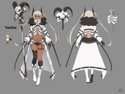 animal_skull ark_john_up asymmetrical_legwear black_gloves black_panties black_thighhighs bow character_name commentary cropped_jacket dark-skinned_female dark_skin from_behind full_body fur-trimmed_jacket fur_trim gloves grey_background holding holding_staff jacket long_hair long_sleeves looking_at_viewer orange_eyes original panties reference_sheet rib_blouse ribbon simple_background skirt skull spine staff standing thighhighs twintails two-tone_gloves underwear very_long_hair white_bow white_gloves white_jacket white_ribbon white_skirt