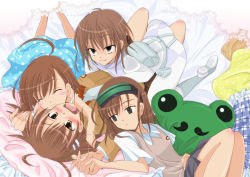 4girls ahoge ass blush bodysuit brown_eyes brown_hair dress gekota hair_ornament hairpin head-mounted_display holding_hands hug last_order_(toaru_majutsu_no_index) misaka_imouto misaka_mikoto misaka_worst multiple_girls nora-toro school_uniform siblings sisters toaru_kagaku_no_railgun toaru_majutsu_no_index toaru_majutsu_no_index:_old_testament you_gonna_get_raped yuri