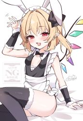1girl absurdres animal_ear_hairband animal_ears apron arm_up black_bow black_bowtie black_shirt black_thighhighs blonde_hair bow bowtie breasts cleavage_cutout clothing_cutout commentary_request earrings fake_animal_ears fang flandre_scarlet hairband highres jewelry looking_at_viewer maid maid_headdress miy@ open_mouth panties pointy_ears red_eyes shirt signature simple_background sleeveless sleeveless_shirt small_breasts solo thighhighs thighs touhou unconventional_maid underwear watermark white_apron white_background white_panties wings