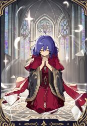 1girl ahoge blue_hair cathedral church circlekos cloak closed_eyes closed_mouth duel_monster hair_between_eyes kneeling lo_the_prayers_of_the_voiceless_voice long_sleeves magic_circle own_hands_together praying red_cloak short_hair solo stained_glass wide_sleeves yu-gi-oh!