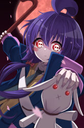 1girl child collared_shirt crowbar dark_gathering fingernails full_moon holding holding_crowbar holding_stuffed_toy houzuki_yayoi long_hair moon necktie purple_hair red_eyes red_moon shirt skull_in_eye solo stuffed_toy tonton_utaro vest