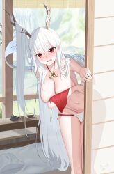 1girl absurdres azur_lane bare_shoulders bikini blush breasts cleavage collarbone commentary_request covering_breasts covering_privates cup dragon_girl dragon_horns dragon_tail flying_sweatdrops fundoshi furrowed_brow futon groin hair_on_horn highres horns japanese_clothes jewelry kettle large_breasts leaning_forward long_hair looking_at_viewer nail_polish navel necklace official_alternate_costume open_mouth pillow pink_nails red_eyes red_fundoshi shimanto_(azur_lane) shimanto_(the_relaxing_dragon_god)_(azur_lane) shouji sliding_doors solo standing stomach swimsuit table tail tankini teacup thighs very_long_hair wavy_mouth white_hair wooden_floor wooden_table yorumi-liu