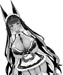 1girl animal_ears apron azur_lane azur_lane:_slow_ahead between_breasts breasts cleavage cleopatra_(azur_lane) dark-skinned_female dark_skin dress earrings garter_straps gloves greyscale highres holding hoop_earrings hori_(hori_no_su) jackal_ears jackal_girl jewelry large_breasts long_hair looking_at_viewer maid maid_apron maid_headdress monochrome necktie necktie_between_breasts official_art open_mouth simple_background solo thighhighs white_background