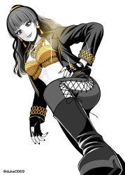 Rule 34 | 1girl, belt, black boots, black hair, black jacket, black lips, black nails, black pants, blunt bangs, boots, bra, breasts, brooch, chain, chain necklace, closed mouth, commentary, cross-laced pants, curled fingers, dutch angle, earrings, eyelashes, fingerless gloves, fingernails, foot out of frame, gleam, gloves, gold bra, gold choker, gold earrings, gold necklace, hair bun, hair ornament, hand on own hip, highres, jacket, jewelry, knee up, lady benzene seijin, lapels, leather, leather boots, leather jacket, leather pants, lipstick, long fingernails, long hair, long sleeves, looking at viewer, looking down, makeup, medium breasts, monochrome, nail polish, necklace, no shirt, notched lapels, ogami kagemi, open clothes, open jacket, pants, simple background, single hair bun, smile, solo, spot color, studded belt, tokusatsu, triangle earrings, tsurime, twitter username, ultra series, ultraman zearth (series), underwear, wavy hair, white background, yuuki koutarou