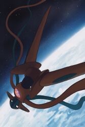 absurdres artist_name colored_skin deoxys deoxys_(normal) earth_(planet) extra_arms gen_3_pokemon highres looking_at_viewer mythical_pokemon nintendo planet pokemon pokemon_(creature) pokemon_focus red_skin riotono_0643 solo space tentacle_arm tentacles