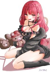 Rule 34 | 1girl, :d, animal ears, animal hood, between legs, black dress, black jacket, black socks, braid, breasts, cleavage, commentary, dress, fake animal ears, fang, hand between legs, highres, holding, hololive, hood, hood down, hooded jacket, houshou marine, hugging object, jacket, kiritoma, kneehighs, large breasts, long hair, long sleeves, looking at viewer, no shoes, off shoulder, open clothes, open jacket, open mouth, puffy long sleeves, puffy sleeves, red eyes, red hair, signature, simple background, sitting, sleeves past wrists, smile, socks, solo, stuffed animal, stuffed toy, teddy bear, very long hair, virtual youtuber, wariza, white background, yellow eyes