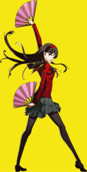 1girl amagi_yukiko black_hair brown_eyes cardigan club3 female_focus folding_fan hairband hand_fan megami_tensei pantyhose persona persona_4 shin_megami_tensei skirt solo