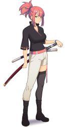 1girl absurdres asymmetrical_pants belt black_boots black_shirt black_thighhighs blue_eyes boots breasts closed_mouth dyun earrings full_body grey_pants hair_ornament hair_stick highres jewelry jitome katana large_breasts looking_at_viewer multiple_swords original pants pink_belt pink_hair ponytail scabbard sheath sheathed shirt simple_background single_thighhigh solo standing sword thighhighs weapon white_background wristband