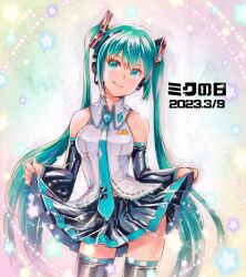 1girl 39 black_boots black_skirt black_sleeves blue_eyes blue_hair blue_necktie boots commentary detached_sleeves grey_shirt hair_ornament hatsune_miku headset highres long_hair mayo_riyo miku_day necktie pleated_skirt shirt skirt skirt_hold sleeveless sleeveless_shirt smile thigh_boots translated twintails very_long_hair vocaloid