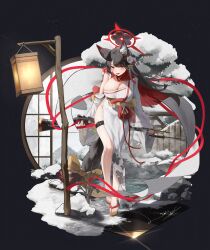 1girl absurdres alternate_costume arisaka bayonet belt black_belt black_hair blue_archive bolt_action breasts brown_sandals colored_inner_hair commentary faux_figurine flower full_body gun hadanugi_dousa hair_flower hair_ornament halo highres holding holding_weapon japanese_clothes kimono lantern large_breasts luenar multicolored_hair obi open_clothes open_kimono open_mouth red_hair red_halo rifle sandals sash single_bare_shoulder single_off_shoulder skindentation smile solo standing thigh_belt thigh_strap thighs two-tone_hair wakamo_(blue_archive) weapon holding_weapon_behind_back white_flower white_kimono yellow_eyes