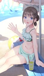 Rule 34 | 12 graka, 1girl, :d, absurdres, beach, beach umbrella, bench, bikini, blue eyes, breasts, brown hair, cup, drink, drinking straw, frilled bikini, frills, hair bun, hand up, highres, navel, open mouth, original, outdoors, sand, shadow, sitting, small breasts, smile, solo focus, swimsuit, umbrella