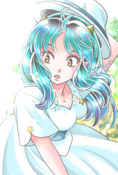 1girl 2025 aononmi aqua_hair black_hair breasts cleavage dated dress hat highres horns jewelry leaning_forward lum medium_breasts multicolored_hair necklace open_mouth orange_eyes short_sleeves signature solo standing star_(symbol) star_necklace sundress urusei_yatsura white_background white_dress white_hat