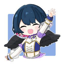 Rule 34 | 1girl, :d, ^ ^, arm up, bare shoulders, black wings, blue background, blush, braid, breasts, chibi, closed eyes, commentary, crop top, cropped torso, detached sleeves, earrings, facing viewer, feathered wings, hair between eyes, heart, heart earrings, highres, jewelry, long sleeves, medium breasts, midriff, multicolored hair, navel, nijisanji, nozo (hitomiz), open mouth, outline, pink hair, puffy long sleeves, puffy sleeves, see-through clothes, see-through sleeves, smile, solo, two-tone background, two-tone hair, upper body, virtual youtuber, white background, white outline, wings, yamagami karuta