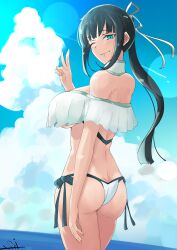 1girl absurdres ass bare_shoulders bikini black_hair blue_sky breasts butt_crack fate/grand_order fate_(series) green_eyes highres jing_ke_(fate) jing_ke_(water_shine)_(fate) large_breasts long_hair looking_at_viewer looking_back one_eye_closed ponytail s4ika sidelocks sky smile solo swimsuit thighs white_bikini