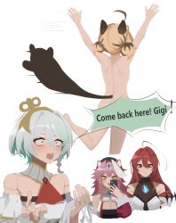Rule 34 | 4girls, ahoge, animal ear fluff, animal ears, blue fire, blush, breasts, cecilia immergreen, cecilia immergreen (1st costume), cellphone, cleavage, colored inner hair, detached sleeves, doll joints, dress, elizabeth rose bloodflame, elizabeth rose bloodflame (1st costume), english text, fire, gigi murin, green eyes, green hair, grey hair, highres, hololive, hololive english, joints, long hair, multicolored hair, multiple girls, nude, open mouth, panther ears, panther girl, phone, pink hair, raora panthera, raora panthera (1st costume), red eyes, red hair, running, short hair, smartphone, streaked hair, streaking, sumi 1800, two-tone hair, virtual youtuber, winding key, yellow eyes