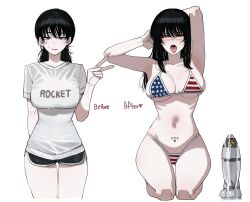 Rule 34 | 2girls, absurdres, american flag, american flag bikini, american flag print, before and after, bikini, black hair, black shirt, blush, breasts, chainsaw man, dildo, flag print, flag print bikini, grey eyes, hazard symbol, highres, large breasts, long hair, mitaka asa, multiple girls, navel, open mouth, print bikini, pussy juice, radiation symbol, ratatatat74, scar, scar on face, sex toy, shirt, short shorts, shorts, simple background, stomach, stomach tattoo, swimsuit, tattoo, thighs, very long hair, white background, white shirt, yoru (chainsaw man)