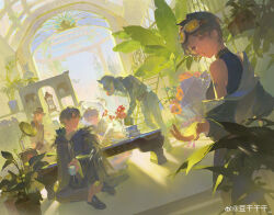 1girl 4boys absurdres armor bag bare_shoulders black-framed_eyewear black_bag black_cloak black_footwear black_hat black_skirt blazer blonde_hair blue_shirt blue_sky blue_sleeves book book_stack bouquet bracer breastplate breasts bright_pupils brown_vest castle character_request cloak clock collared_shirt copyright_request crossed_ankles cup dagger dougangangan dutch_angle eyelashes feather-trimmed_cloak feather_trim flower from_behind full_armor full_body glasses globe goggles goggles_on_head gradient_sky grey_cloak grey_eyes grey_hair grey_helmet grey_jacket grey_pants happy hat helm helmet highres holding holding_bouquet holding_cup hood hood_down hooded_cloak indoors jacket jacket_partially_removed knee_up knife leaning_forward lips loafers long_hair long_sleeves looking_at_viewer looking_back miniskirt mug multiple_boys offering_hand open_mouth orange_sky outstretched_hand pants phonograph pink_eyes plant pleated_skirt potted_plant puffy_long_sleeves puffy_sleeves red_flower shadow sheath sheathed shirt shoes short_hair shoulder_bag sitting skirt sky sleeveless sleeveless_shirt smile sparkle standing sunflower sunset table teeth tinted_eyewear top_hat turtleneck turtleneck_shirt vase vest watermark weapon weibo_watermark white-framed_eyewear white_jacket white_pupils white_shirt yellow-tinted_eyewear yellow_flower