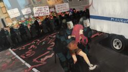 Rule 34 | 6+boys, 6+girls, arrest, banner, blue sailor collar, box truck, character request, city, commentary, crossover, crowd, dutch angle, english commentary, gabriel dropout, hatsune miku, highres, izumi konata, lucky star, lychkin, make love not war, motor vehicle, multiple boys, multiple girls, naruto (series), people, police, protest, raphtalia, riot shield, road, russian text, s.w.a.t., sailor collar, satanichia kurumizawa mcdowell, shield, street, tactical clothes, tate no yuusha no nariagari, toilet paper, translated, truck, van, vocaloid