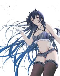 1girl absurdres armpit_crease black_bra black_panties bra breasts chest_harness cleavage double-parted_bangs floating_hair frilled_bra frills gloves gradient_hair hair_between_eyes hairband harness heart heart_o-ring highres ichinose_uruha ichinose_uruha_(birthday_2023) lingerie lolita_hairband long_hair looking_at_viewer low_wings lupinus_virtual_games microskirt multicolored_hair navel o-ring o-ring_harness panties purple_eyes simple_background skirt small_horns solo striped_bra striped_clothes thighhighs underwear uwanosora000 virtual_youtuber vspo! white_gloves wings