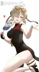 1girl absurdres artist_name black_dress black_gloves black_shoes breasts brown_hair china_dress chinese_clothes commentary_request dress eyewear_on_head fingerless_gloves from_side gloves hair_over_one_eye hand_fan heart highres holding holding_fan kinaco_4738 looking_at_viewer looking_to_the_side medium_breasts one_eye_closed open_mouth pelvic_curtain purple_eyes shoes simple_background single_glove sleeveless sleeveless_dress solo sweety_(zenless_zone_zero) tinted_eyewear tuanshan watermark white_background yellow-tinted_eyewear zenless_zone_zero