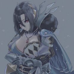 1girl armored_collar asymmetrical_bangs black_hair breasts cleavage fire_emblem fire_emblem_engage fur_trim hair_between_eyes highres jewelry large_breasts long_sleeves looking_at_viewer necklace nekoyashiki_08 nel_(fire_emblem) nintendo red_eyes solo
