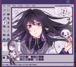 Rule 34 | 1girl, akemi homura, akemi homura (magical girl), animated, animated gif, black pantyhose, chibi, commentary, english commentary, expressionless, hand cursor, highres, kyubey, long hair, looping animation, magical girl, mahou shoujo madoka magica, mahou shoujo madoka magica (anime), microsoft paint (software), microsoft windows, pantyhose, purple eyes, purple hair, purple theme, skull, star (symbol), user interface, window (computing), windows xp, wormontwostrings