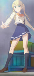 1girl anime_screenshot black_socks blazer blonde_hair blue_skirt blush bow bowtie breasts brown_shoes closed_mouth collared_shirt dot_nose female_focus green_eyes highres hoshizaki_rika_(kanojo_mo_kanojo) jacket kanojo_mo_kanojo large_breasts legs long_hair long_sleeves miniskirt orange_bow orange_bowtie pleated_skirt pointing school_uniform shirt shirt_tucked_in shoes skirt smile socks solo solo_focus stitched thighs third-party_edit twintails white_shirt