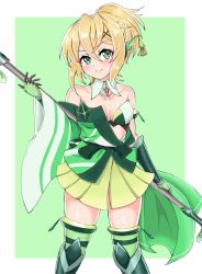 1girl absurdres akatsuki_kirika blonde_hair breasts closed_mouth female_focus freedom gloves green_eyes green_gloves green_legwear hair_ornament highres holding holding_weapon japanese_clothes medium_breasts off_shoulder senki_zesshou_symphogear senki_zesshou_symphogear_xd_unlimited shiny_skin short_hair skirt smile solo standing weapon x_hair_ornament yellow_skirt