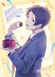 1boy 2025 absurdres adachi_tooru ameno_sagiri_(persona) between_fingers black_eyes black_hair black_jacket black_suit cake candy chocolate collared_shirt commentary_request confetti dated english_text food fork formal_clothes from_side fruit hands_up happy_birthday highres holding holding_candy holding_food holding_plate itsumiruka jacket lapels layered_sleeves long_sleeves looking_at_viewer looking_to_the_side lower_teeth_only male_focus necktie notched_lapels open_mouth persona persona_4 plate red_necktie shadow_(persona) shirt short_hair solo strawberry suit suit_jacket teeth upper_body watermark white_shirt yellow_background