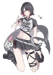 1girl absurdres alternate_costume arm_warmers belt black_arm_warmers black_hair black_leg_warmers black_shirt black_shoes black_skirt colored_inner_hair ellen_joe fins fish_tail fishnet_thighhighs fishnets highres leg_warmers multicolored_hair nail_polish navel raglan_sleeves red_eyes red_hair red_nails ren_(renjiyu) shark_girl shark_print shark_tail shirt shoes short_hair simple_background single_thighhigh skirt solo striped_arm_warmers tail thighhighs v white_background white_belt white_shirt zenless_zone_zero