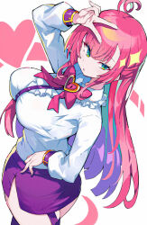 1girl ahoge ass breasts buttons frilled_shirt_collar frills green_eyes hand_up heart_ribbon highres large_breasts long_hair mahjong_fight_girl mitsumoto_dia mole mole_under_eye omochishiki parted_lips pink_hair pink_ribbon ribbon shirt solo sparkle standing thick_thighs thighs v very_long_hair white_shirt