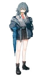 1girl black_boots black_skirt blue_jacket blue_ribbon blue_umbrella boots food full_body gakuen_idolmaster green_eyes green_hair grey_sweater highres holding holding_food idolmaster jacket long_hair long_sleeves looking_at_viewer migolu neck_ribbon open_clothes open_jacket parfait ribbon simple_background skirt solo standing sweater tsukimura_temari twitter_username umbrella white_background