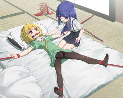 2girls absurdres ball_gag bdsm blonde_hair blush bondage bound bow bowtie breasts collared_shirt dress femdom furude_rika gag gagged green_dress high-waist_skirt highres higurashi_no_naku_koro_ni houjou_satoko indoors kneeling loli long_hair looking_at_another lying medium_hair multiple_girls object_insertion on_back open_mouth pink_bow pink_bowtie purple_eyes purple_hair remote_control_vibrator restrained separated_arms separated_legs sex_toy shirt short_sleeves skirt small_breasts socks suspender_skirt suspenders vaginal vaginal_object_insertion very_long_hair vibrator white_shirt white_socks wiffle_gag xiongmao