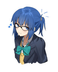 1girl black_jacket blue_eyes blue_hair ciel_(tsukihime) coti_neko glasses high_ponytail highres jacket ponytail shirt simple_background solo sweater tsukihime tsukihime_(remake) white_background white_shirt yellow_sweater