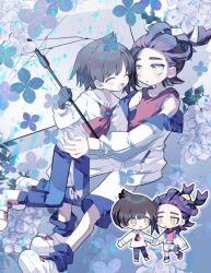 2boys black_hair blue_socks blueberry_academy_school_uniform blush brown_hair chibi closed_eyes florian_(pokemon) flower highres holding holding_hands holding_umbrella jacket kieran_(pokemon) leaf long_sleeves mole mole_on_neck multicolored_hair multiple_boys multiple_views nintendo open_clothes open_jacket open_mouth pants parted_lips pokemon pokemon_sv pon1o_pnpn purple_flower purple_hair red_tank_top school_uniform shoes shorts socks tank_top umbrella white_jacket white_shoes yaoi yellow_eyes