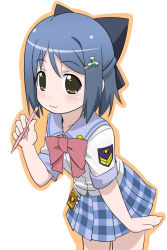 00s 1girl :3 bow female_focus gakuen_utopia_manabi_straight! inamori_mika pen pink_bow plaid_clothes plaid_skirt school_uniform serafuku skirt solo youkan